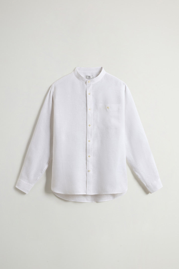 Garment-Dyed Pure Linen Shirt with Band Collar (Bright White) - Main View