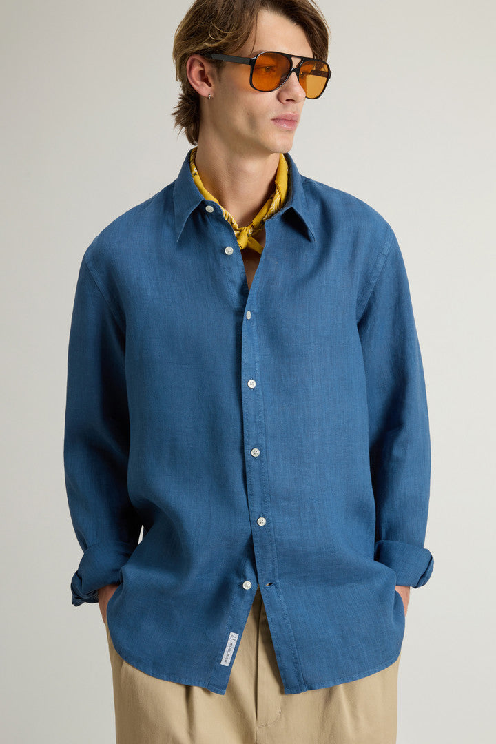 Garment-Dyed Pure Linen Shirt (Maritime Blue) - Detail View 4