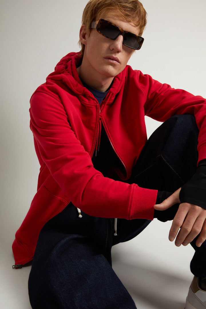 Full-zip Hoodie in Light Cotton-Blend Fabric (Barbados Cherry) - Detail View 4
