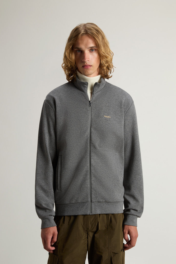 Full-Zip High Neck Sweatshirt in Cotton-Blend Interlock with Logo (Black) - Detail View 1