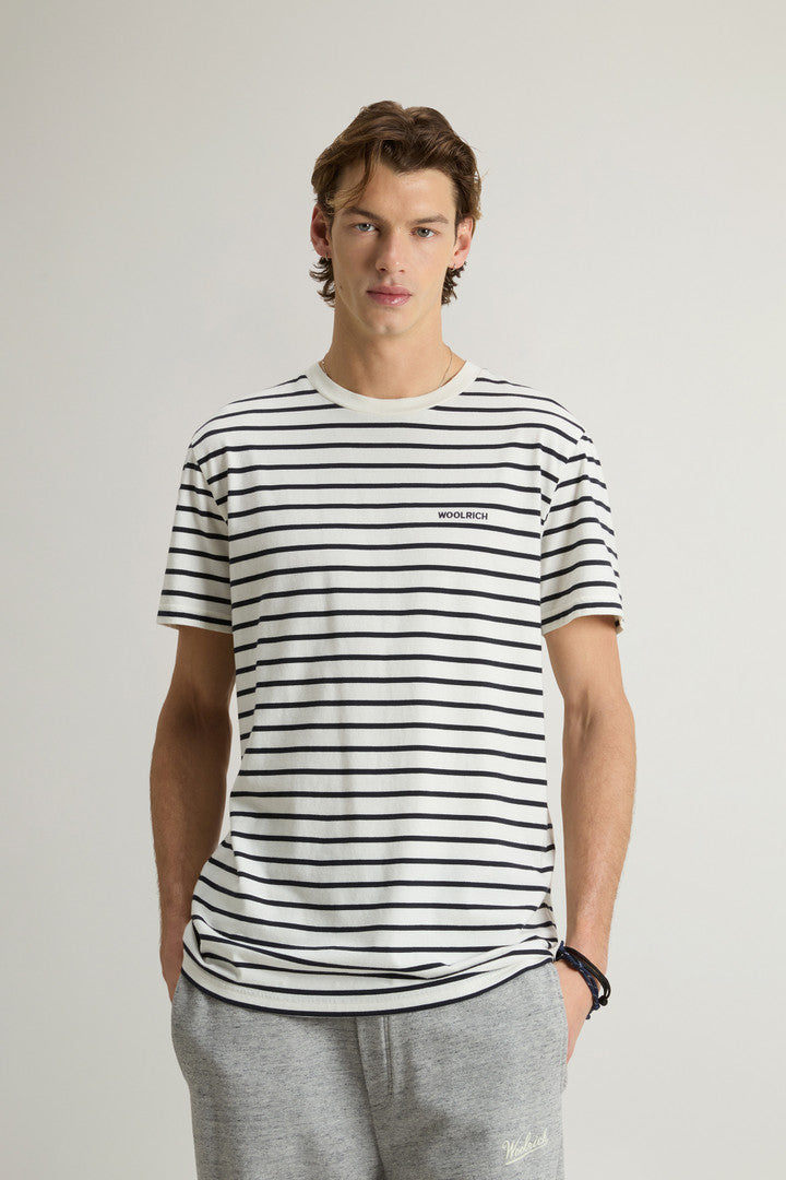 Striped Pure Cotton T-Shirt with Logo (White Stripe) - Detail View 1