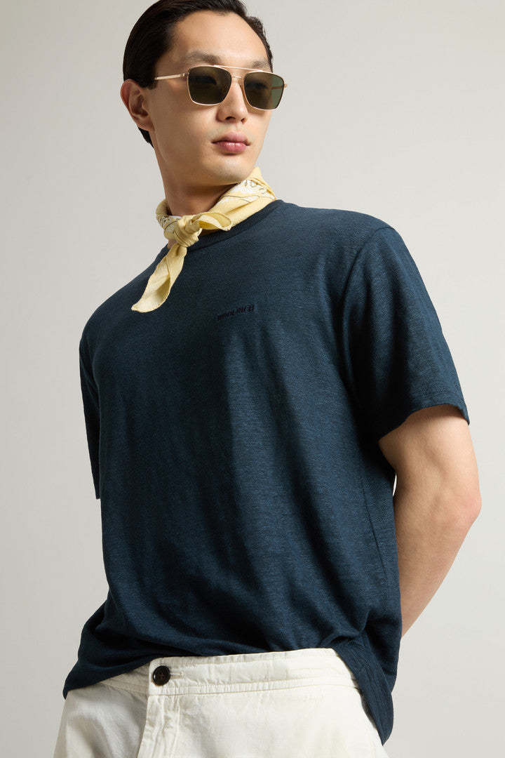 Pure Linen T-Shirt with Embroidered Logo (Jet Stream) - Detail View 4