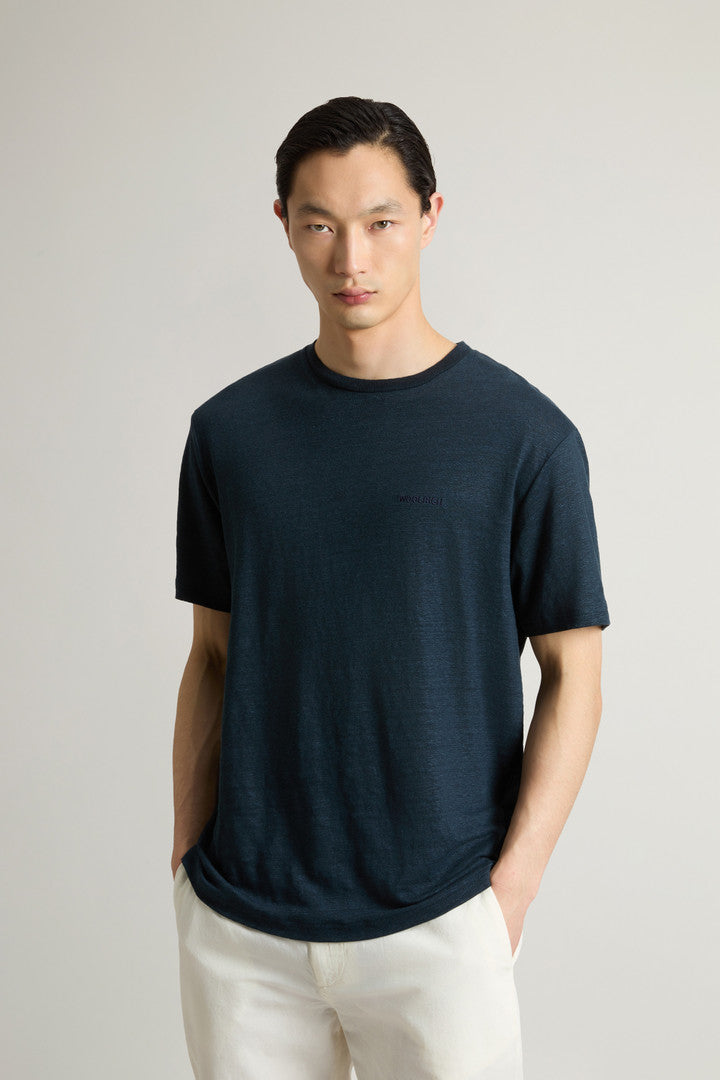 Pure Linen T-Shirt with Embroidered Logo (Jet Stream) - Detail View 1