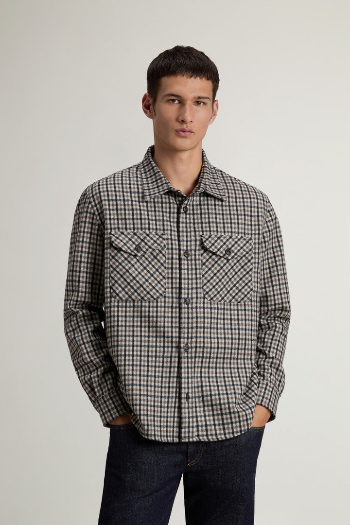 Wool Blend Oxbow Flannel Overshirt - Made in USA (Cream Check) - Detail View 1