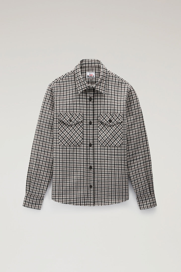 Wool Blend Oxbow Flannel Overshirt - Made in USA (Brown Blue Check) - Detail View 5