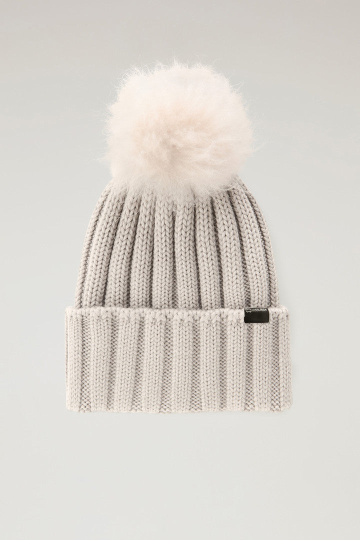 Merino Virgin Wool Beanie with Removable Cashmere Pompom (Milky Cream) - Detail View 5