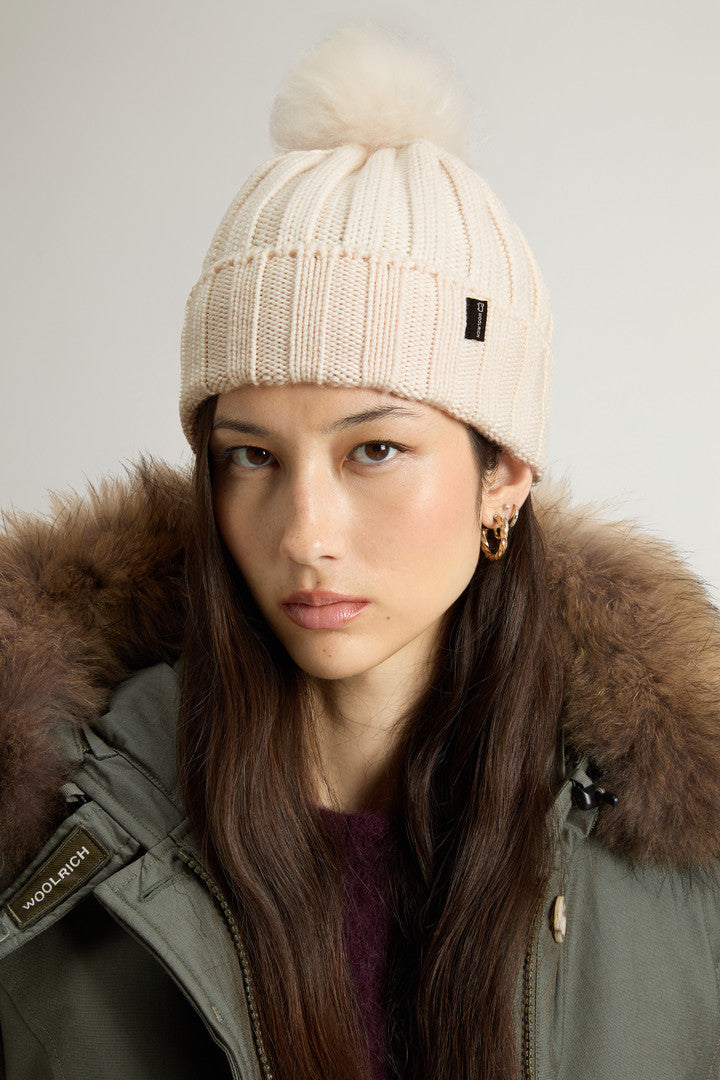 Merino Virgin Wool Beanie with Removable Cashmere Pompom (Milky Cream) - Detail View 4