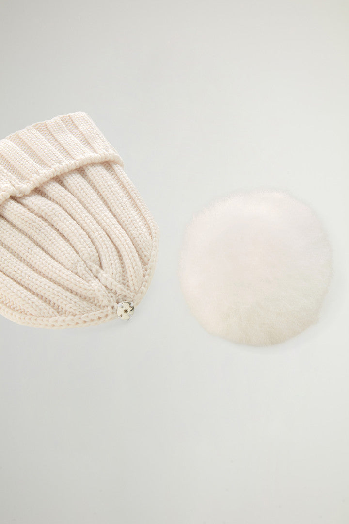 Merino Virgin Wool Beanie with Removable Cashmere Pompom (Milky Cream) - Detail View 3