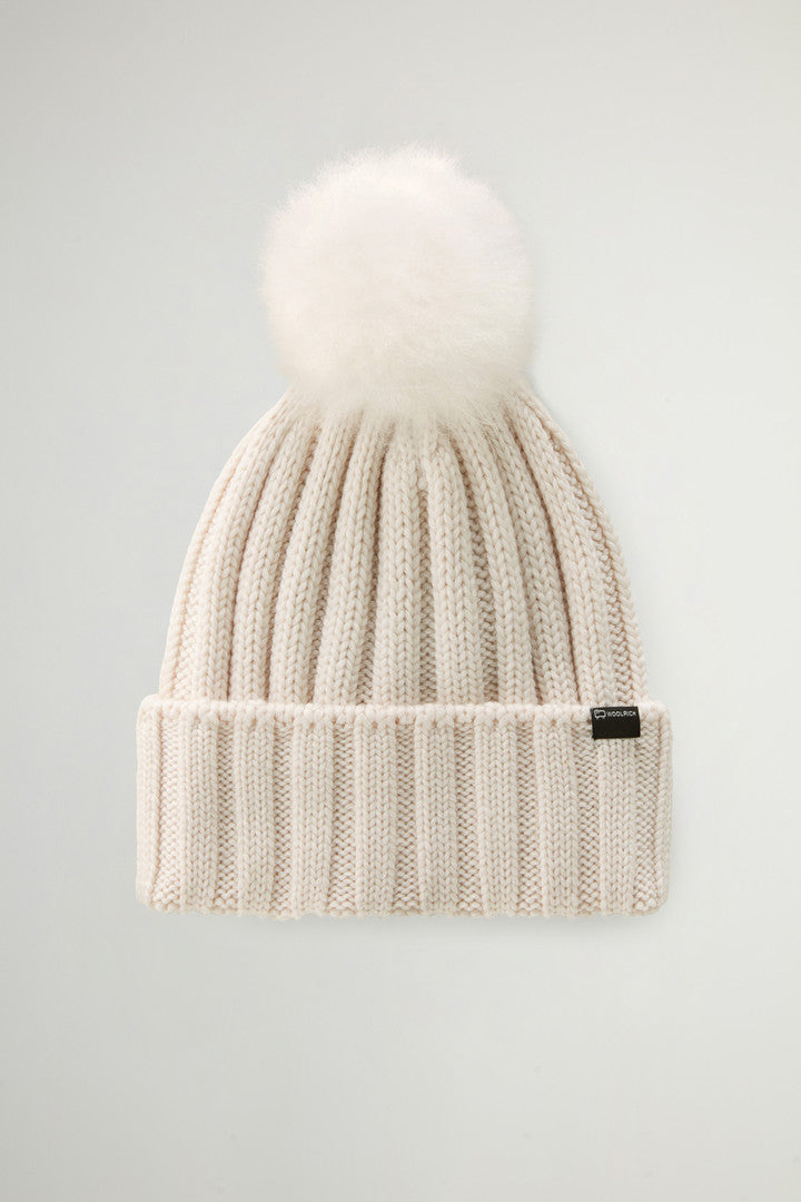 Merino Virgin Wool Beanie with Removable Cashmere Pompom (Milky Cream) - Main View