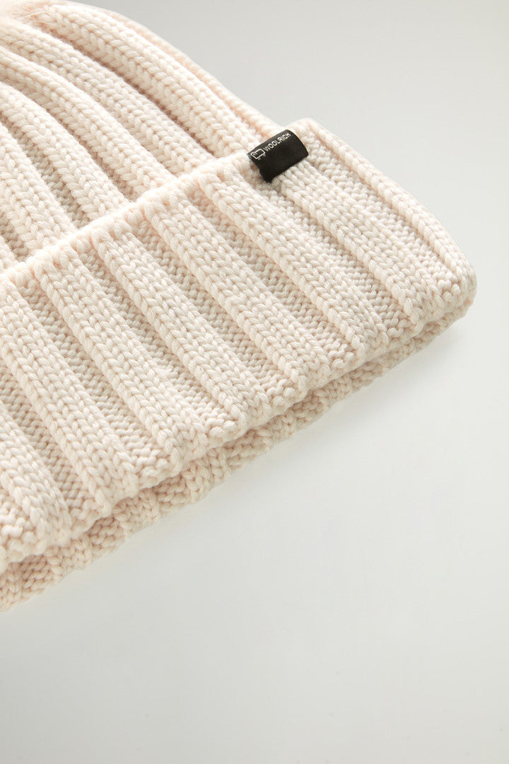 Merino Virgin Wool Beanie with Removable Cashmere Pompom (Milky Cream) - Detail View 2