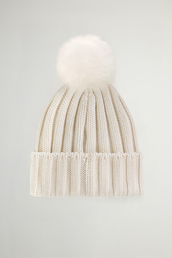 Merino Virgin Wool Beanie with Removable Cashmere Pompom (Milky Cream) - Detail View 1