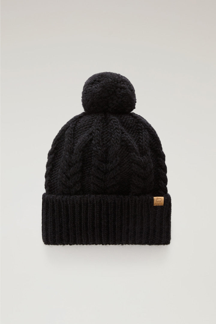 Beanie in Wool and Alpaca Blend with Pom-Pom (Black) - Main View