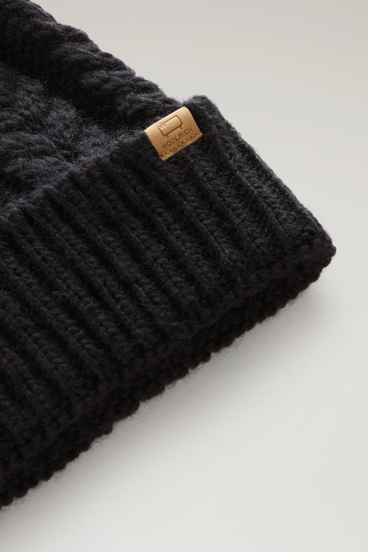 Beanie in Wool and Alpaca Blend with Pom-Pom (Black) - Detail View 2
