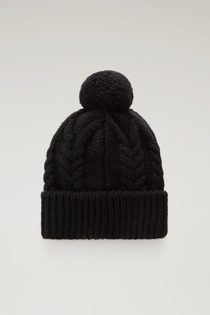 Beanie in Wool and Alpaca Blend with Pom-Pom (Black) - Detail View 1