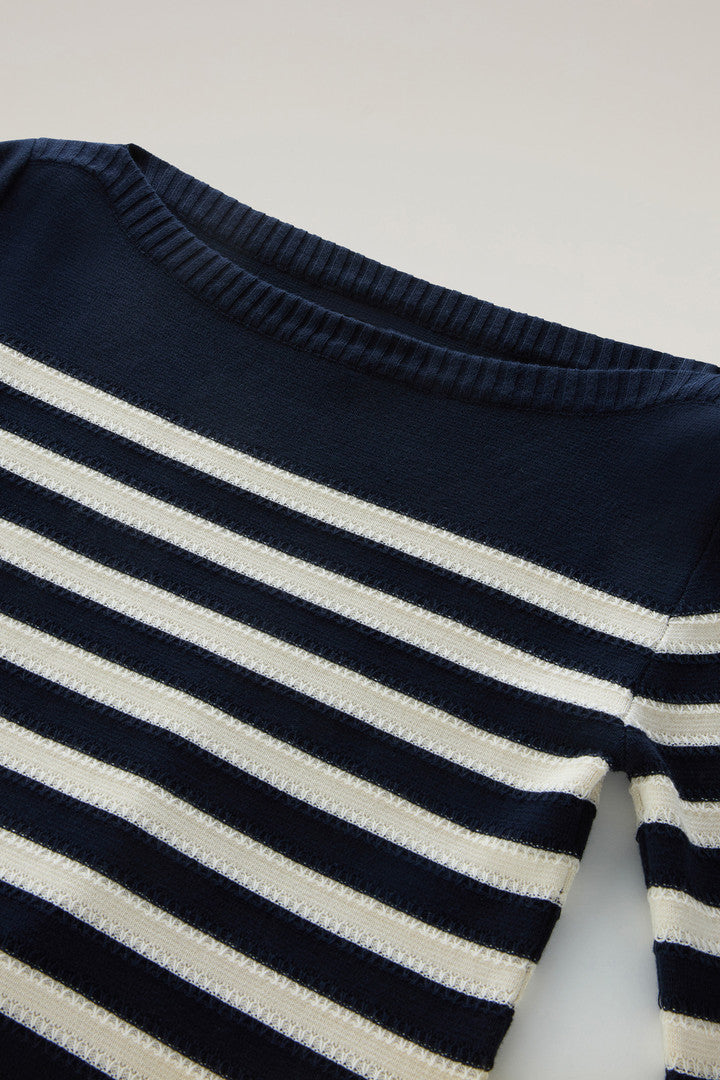 Pure Cotton Sweater with Boat Neckline (Melton Blue Medium Stripe) - Detail View 1