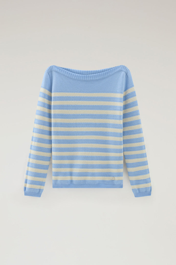 Pure Cotton Sweater with Boat Neckline (Melton Blue Medium Stripe) - Detail View 5