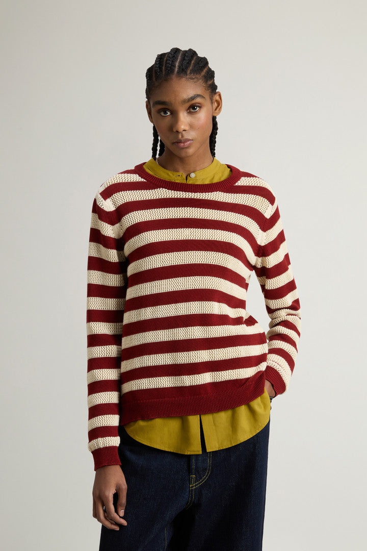 Pure Cotton Crewneck Sweater (Madder Brown Stripe) - Detail View 1