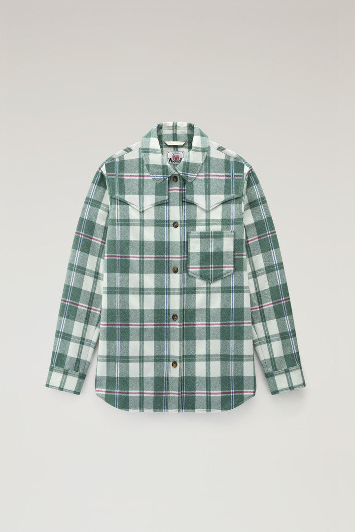 Western Check Overshirt in Wool Blend Flannel (Green Check) - Main View