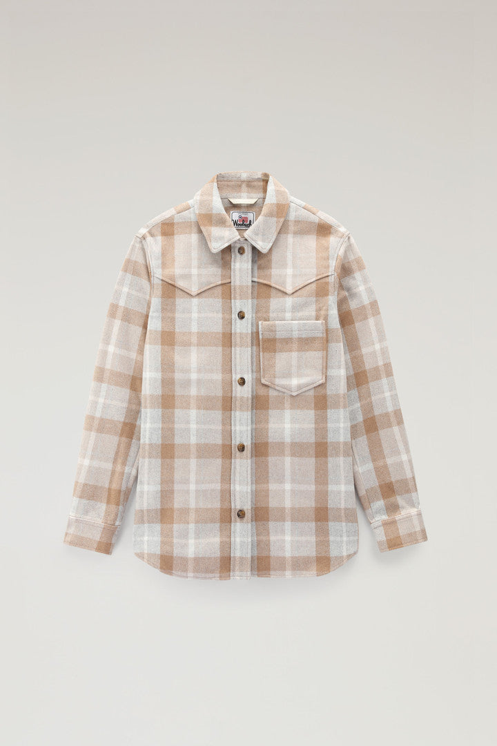 Western Check Overshirt in Wool Blend Flannel (Green Check) - Detail View 5