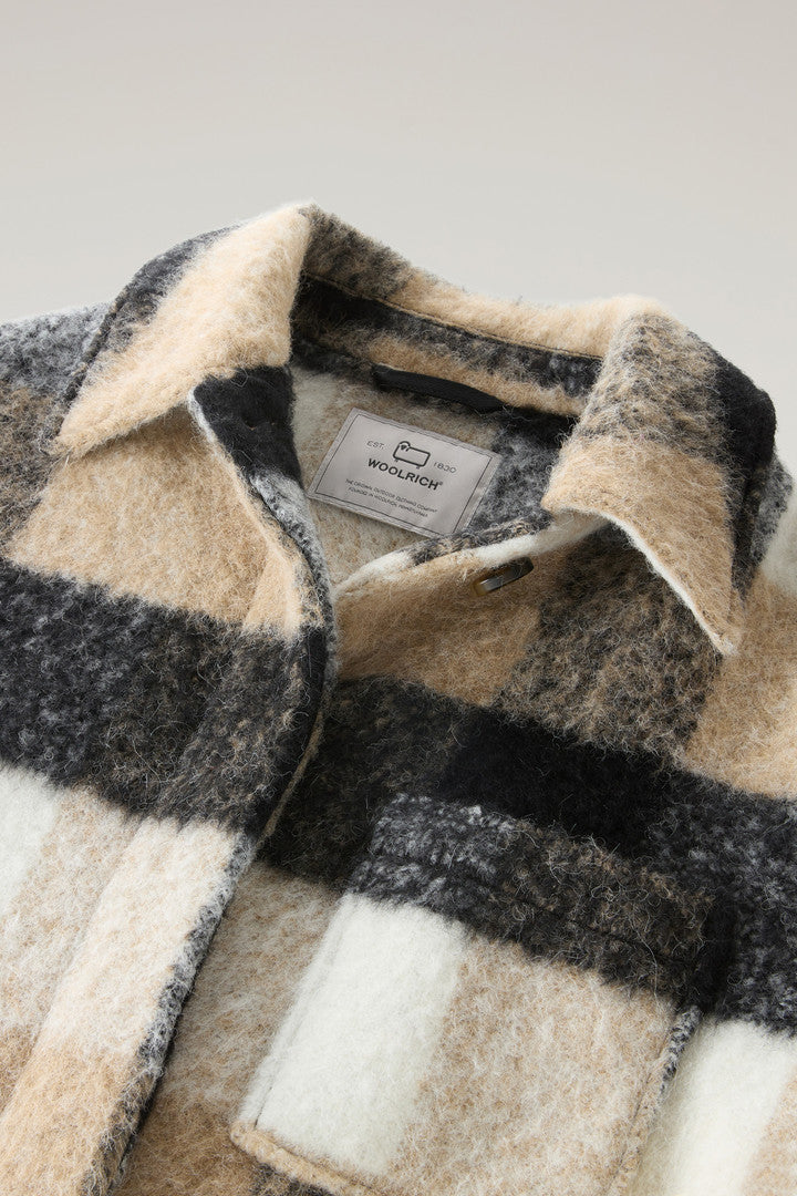 Long Check Overshirt wth Fringed Trim in Alpaca and Wool Blend (Beige Buffalo) - Detail View 1