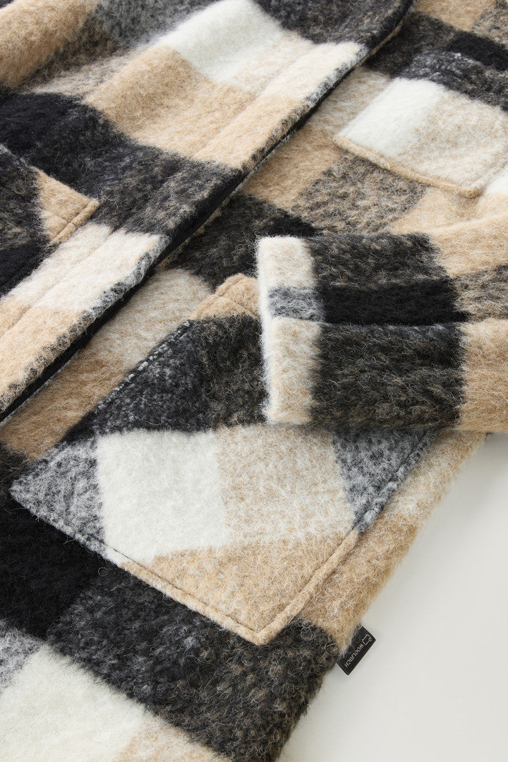 Long Check Overshirt wth Fringed Trim in Alpaca and Wool Blend (Beige Buffalo) - Detail View 2