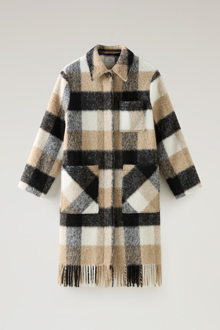 Long Check Overshirt wth Fringed Trim in Alpaca and Wool Blend (Beige Buffalo) - Main View