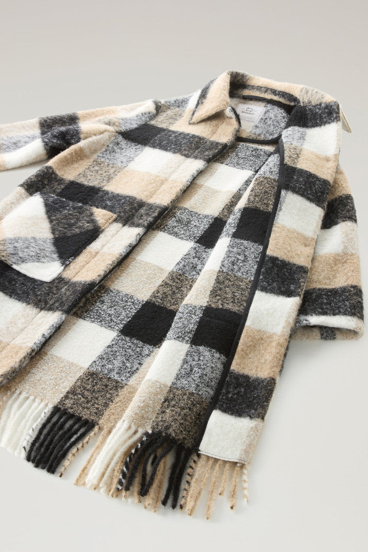 Long Check Overshirt wth Fringed Trim in Alpaca and Wool Blend (Beige Buffalo) - Detail View 3