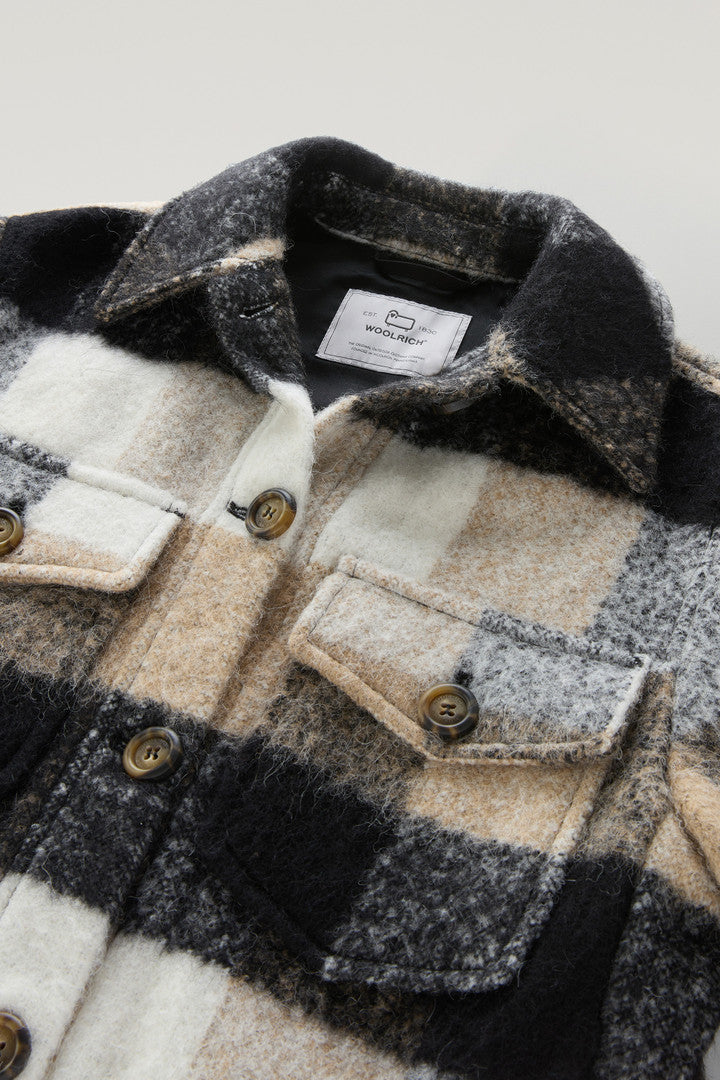 Check Overshirt wth Fringed Trim in Alpaca and Wool Blend (Beige Buffalo) - Detail View 1