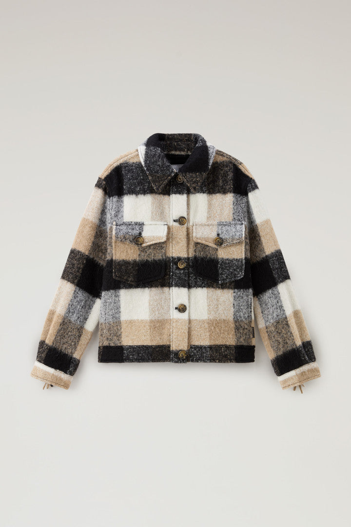 Check Overshirt wth Fringed Trim in Alpaca and Wool Blend (Beige Buffalo) - Main View