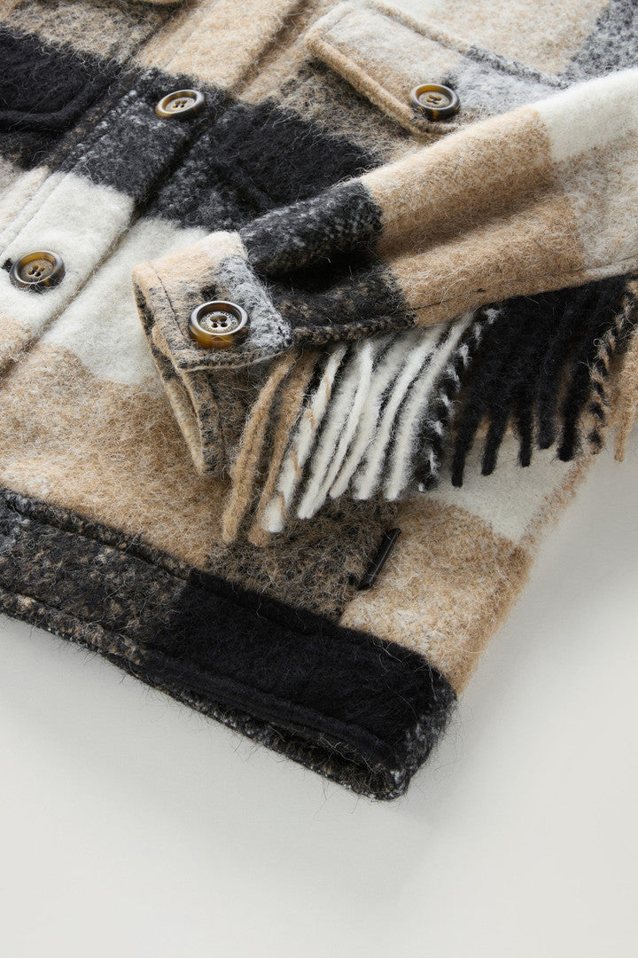 Check Overshirt wth Fringed Trim in Alpaca and Wool Blend (Beige Buffalo) - Detail View 2
