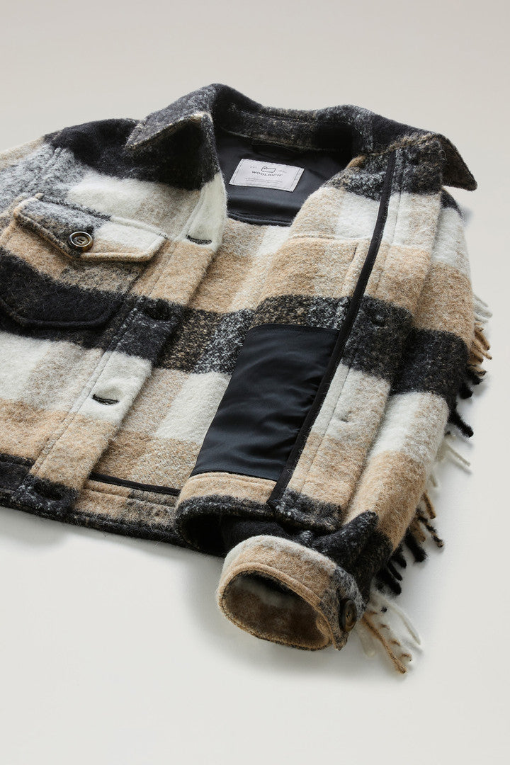 Check Overshirt wth Fringed Trim in Alpaca and Wool Blend (Beige Buffalo) - Detail View 5
