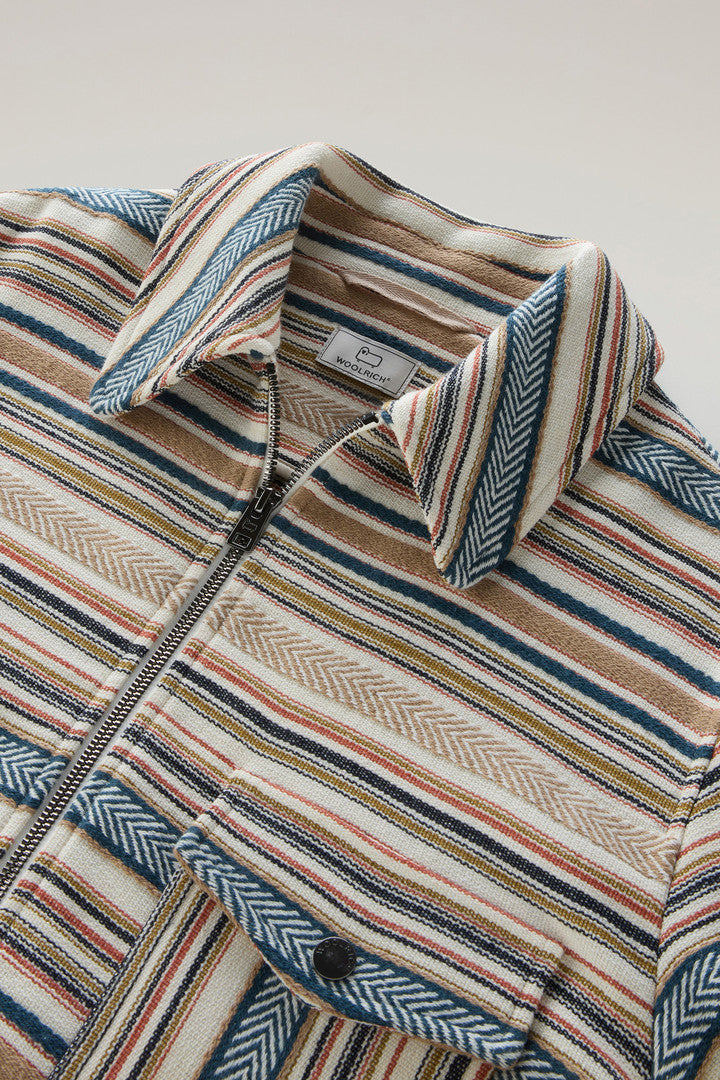 Gentry Overshirt in Manteco Recycled Cotton Blend (Ethnic White Stripe) - Detail View 1