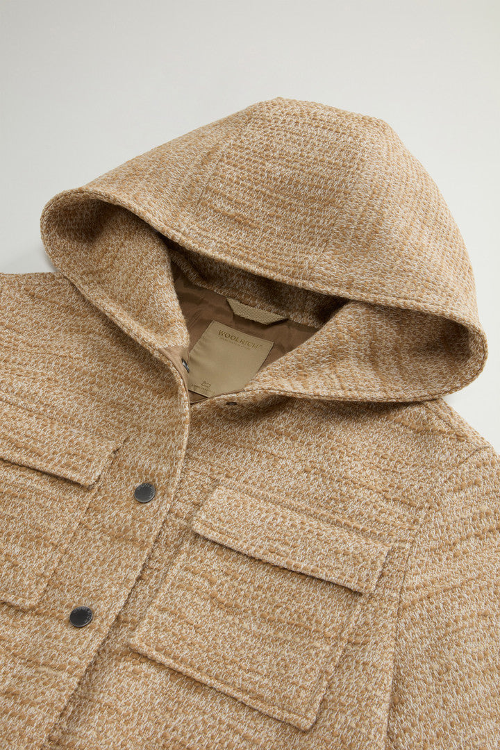Overshirt with Hood in Italian Wool Blend (Beige Pied De Poule) - Detail View 5