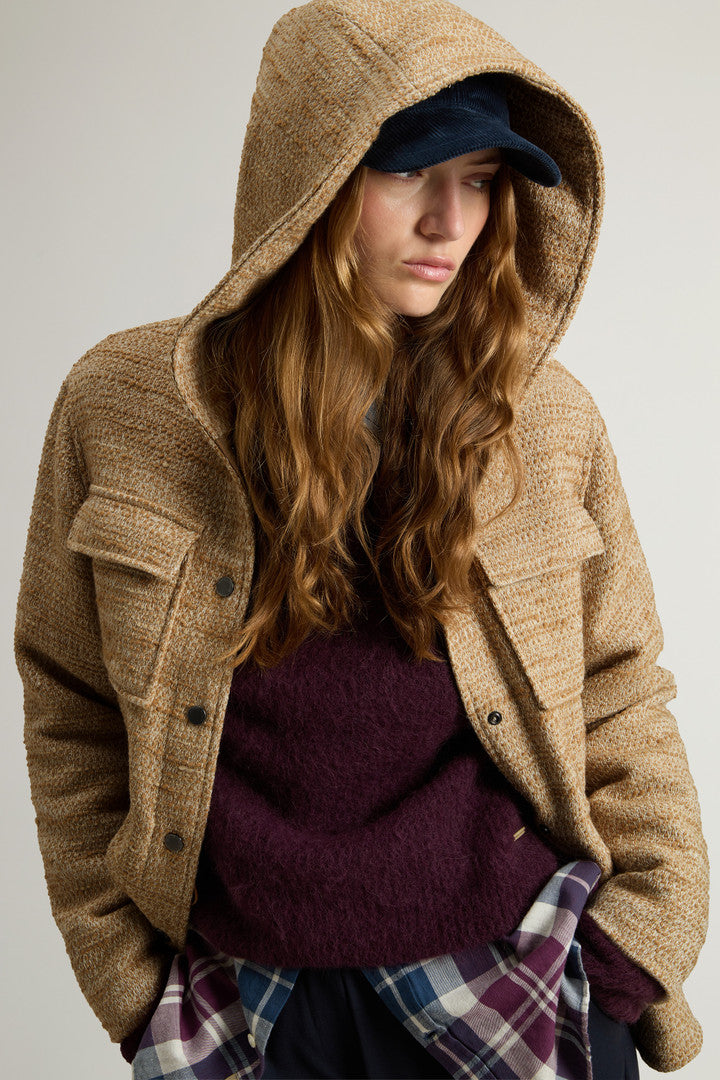 Overshirt with Hood in Italian Wool Blend (Beige Pied De Poule) - Detail View 4