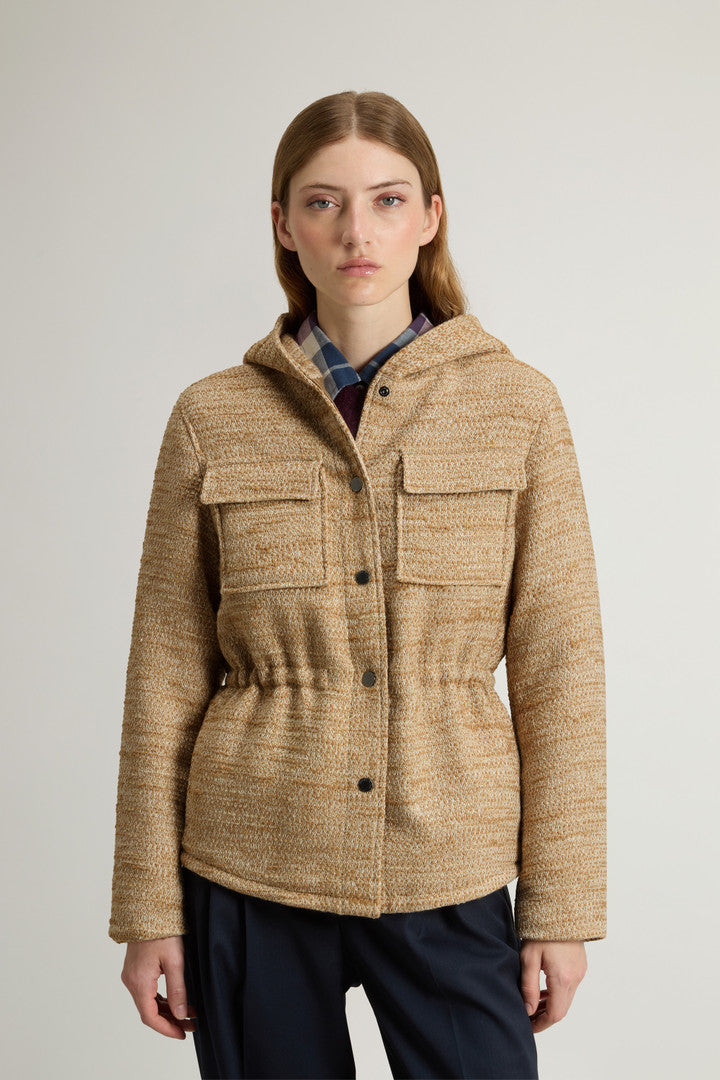 Overshirt with Hood in Italian Wool Blend (Beige Pied De Poule) - Detail View 1