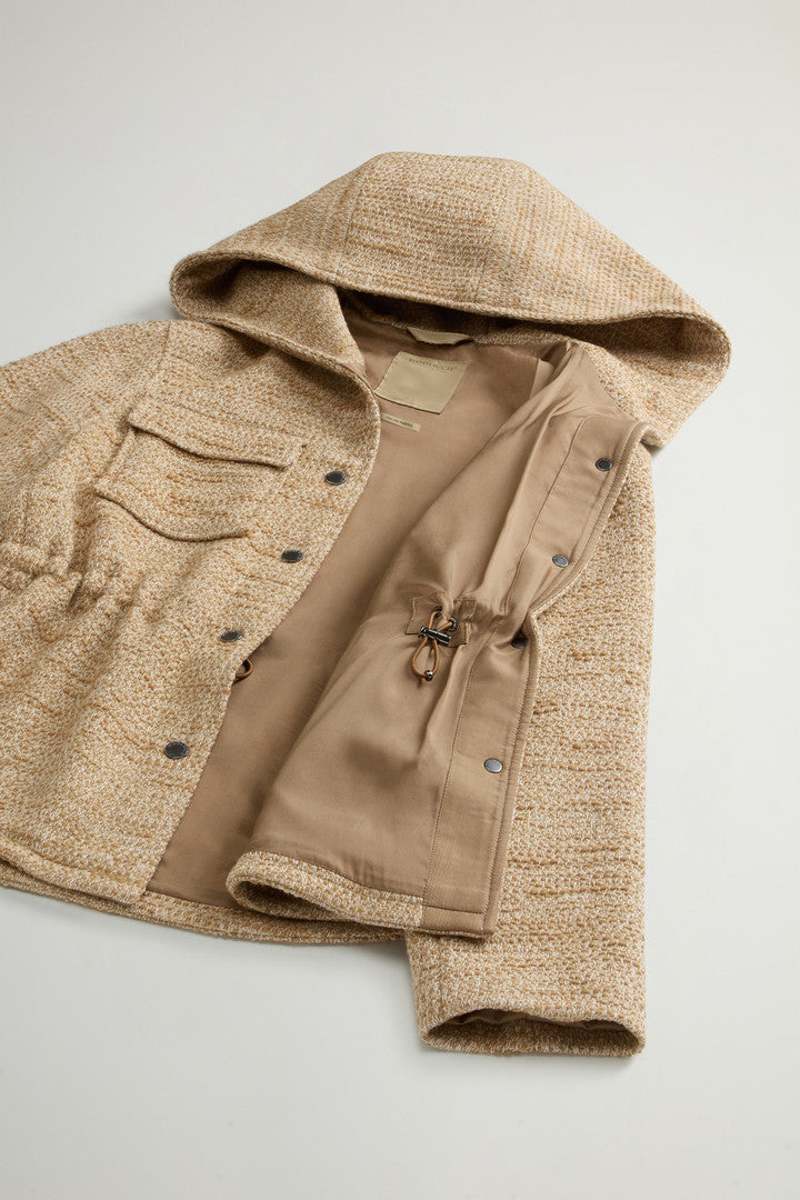 Overshirt with Hood in Italian Wool Blend (Beige Pied De Poule) - Detail View 7