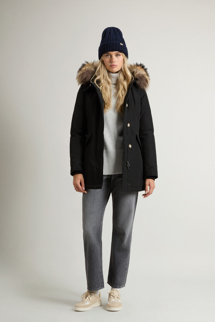Arctic Parka in Ramar Cloth with Detachable Fur Trim (Dark Green Two Tones) - Detail View 1