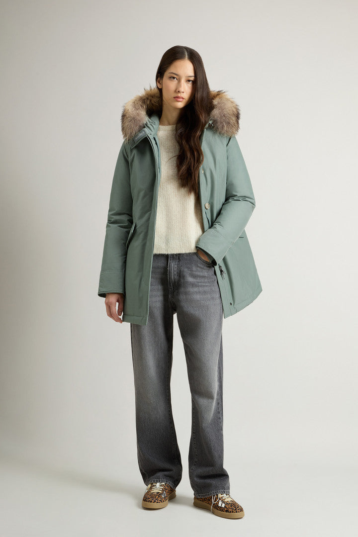 Arctic Parka in Ramar Cloth with Detachable Fur Trim (Dark Green Two Tones) - Detail View 1