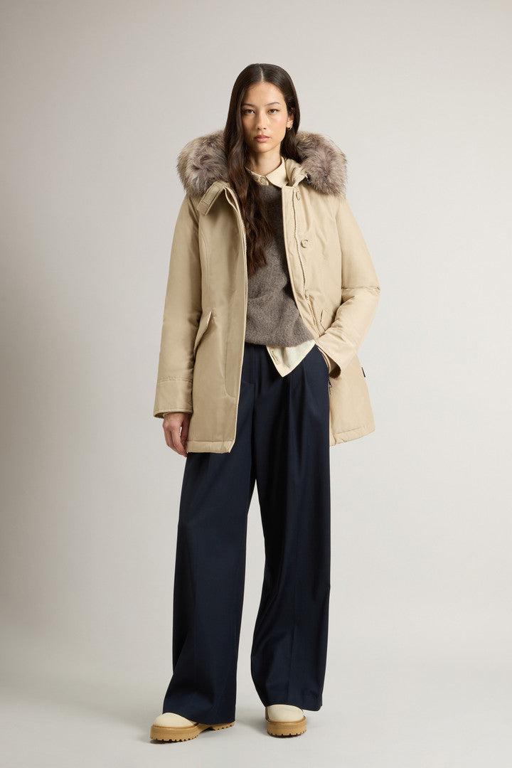 Arctic Parka in Ramar Cloth with Detachable Fur Trim (Dark Green Two Tones) - Detail View 1