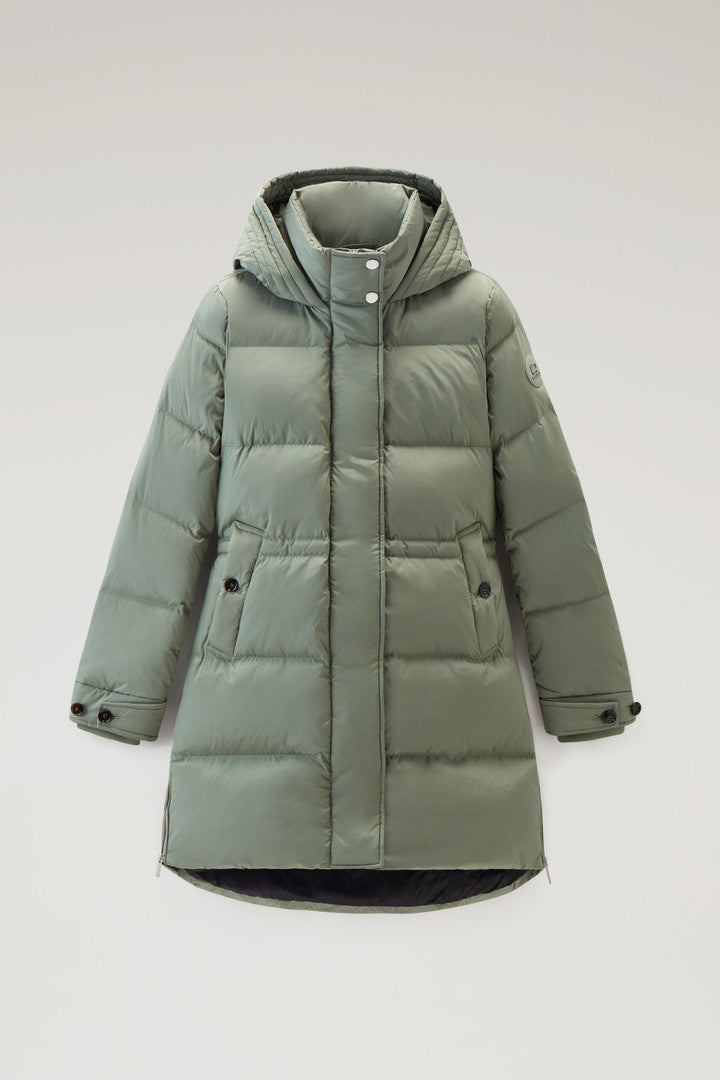 Hooded Alsea Down Jacket in Stretch Nylon (Dark Green) - Detail View 12