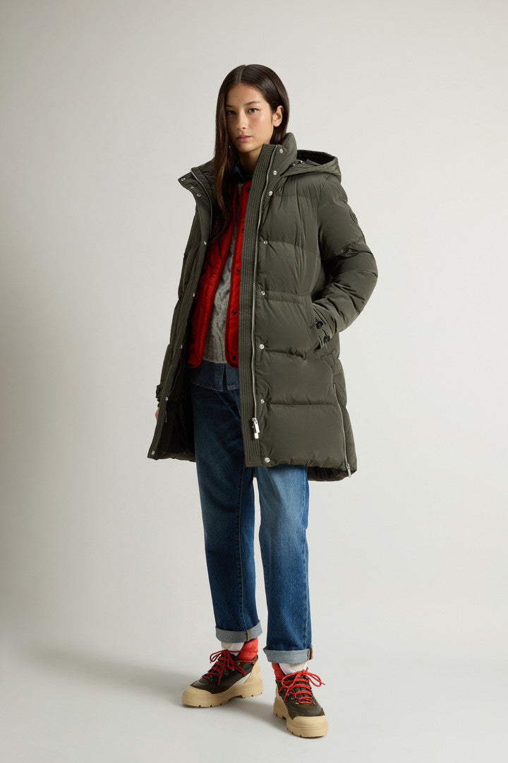 Hooded Alsea Down Jacket in Stretch Nylon (Black) - Detail View 2