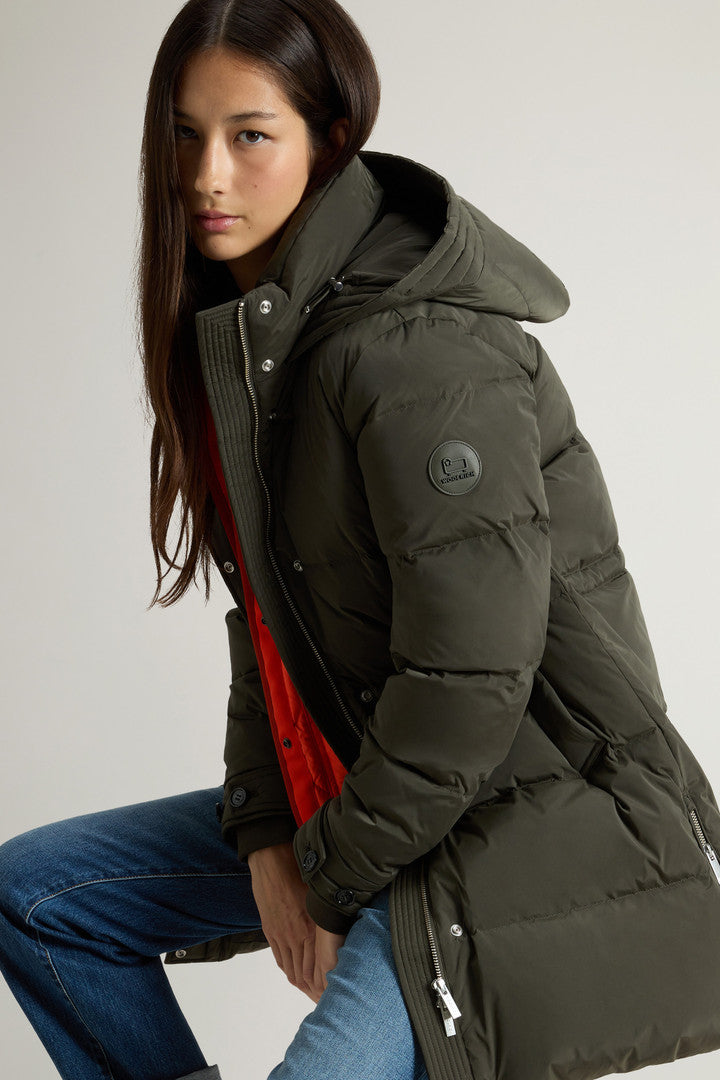 Hooded Alsea Down Jacket in Stretch Nylon (Dark Green) - Detail View 4