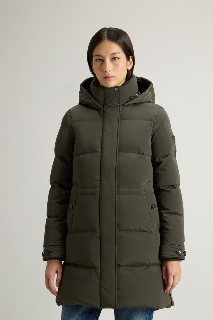 Hooded Alsea Down Jacket in Stretch Nylon (Black) - Detail View 1