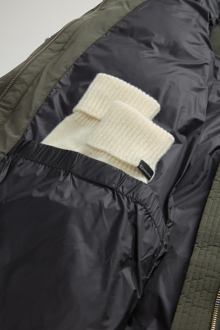 Hooded Alsea Down Jacket in Stretch Nylon (Dark Green) - Detail View 10