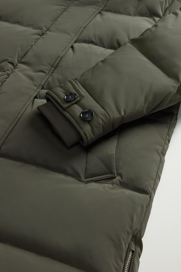 Hooded Alsea Down Jacket in Stretch Nylon (Dark Green) - Detail View 7