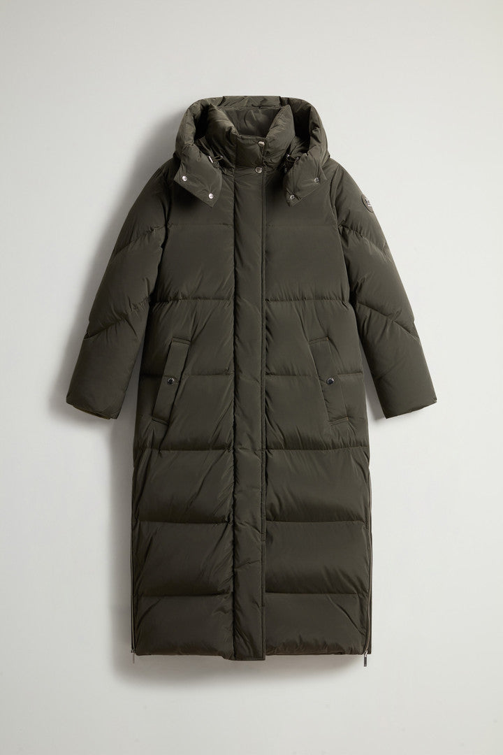Aurora Long Parka in Stretch Nylon (Dark Green) - Detail View 4
