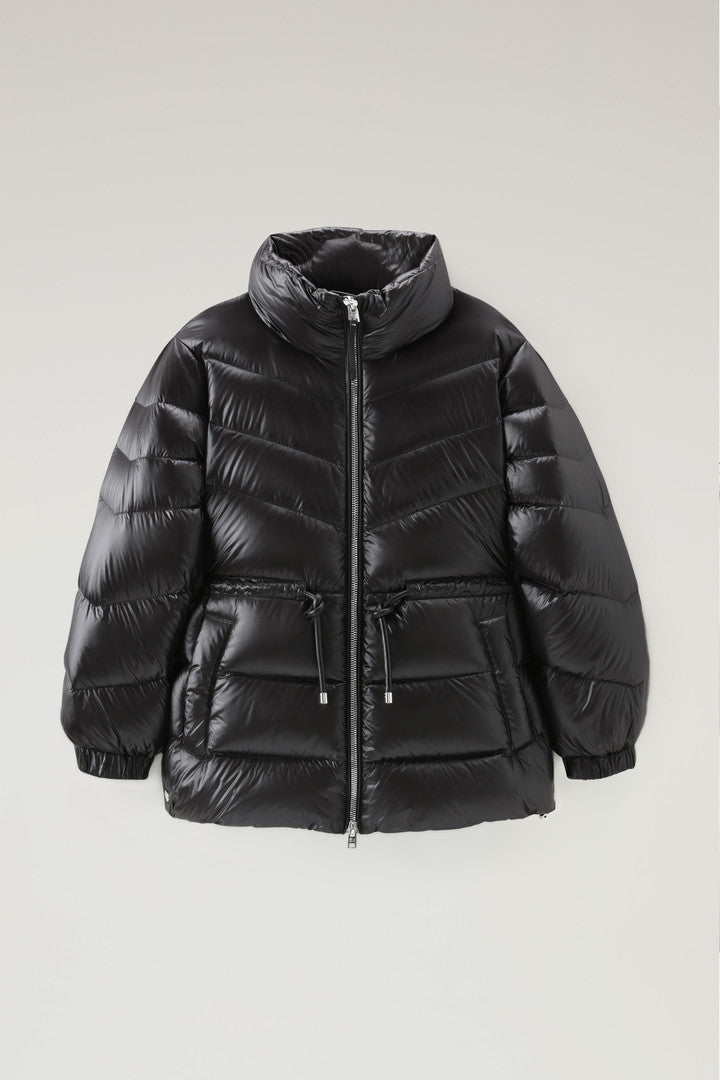 Aliquippa Down Jacket in Glossy Nylon with a Drawstring Waist (Black) - Main View