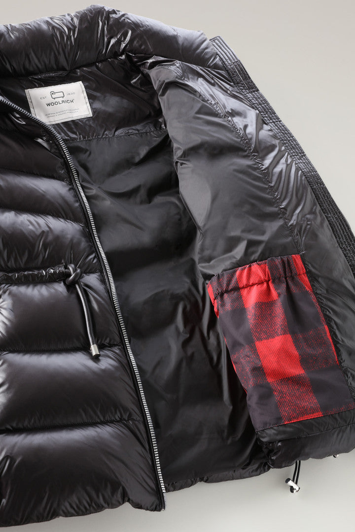 Aliquippa Down Jacket in Glossy Nylon with a Drawstring Waist (Black) - Detail View 5