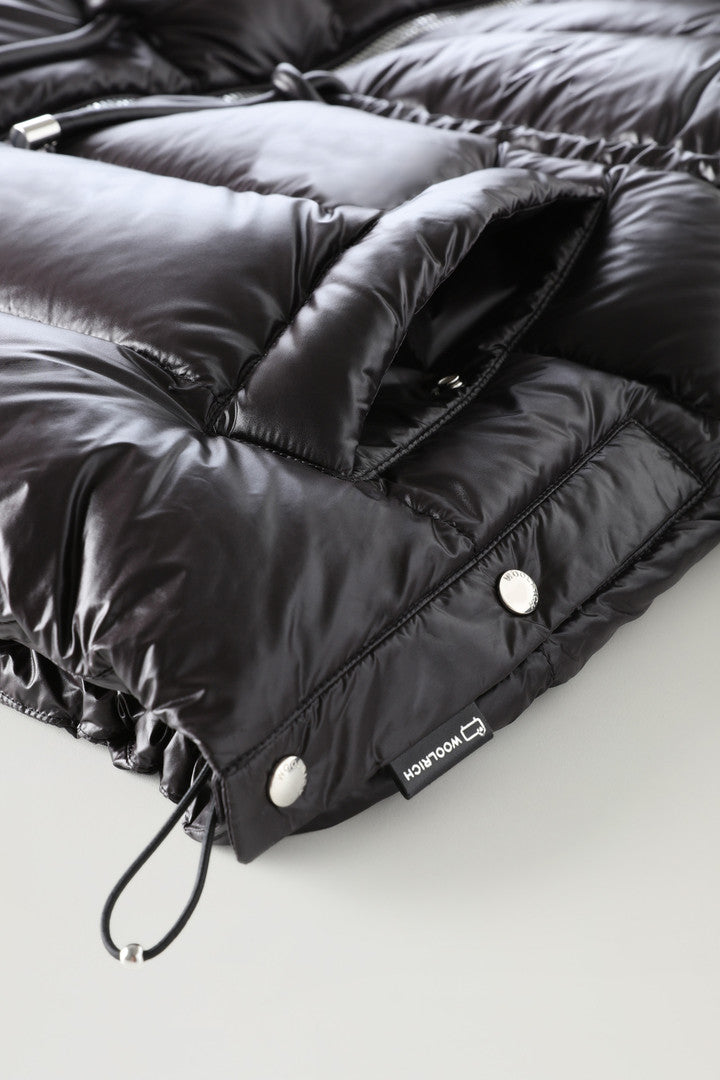Aliquippa Down Jacket in Glossy Nylon with a Drawstring Waist (Black) - Detail View 4