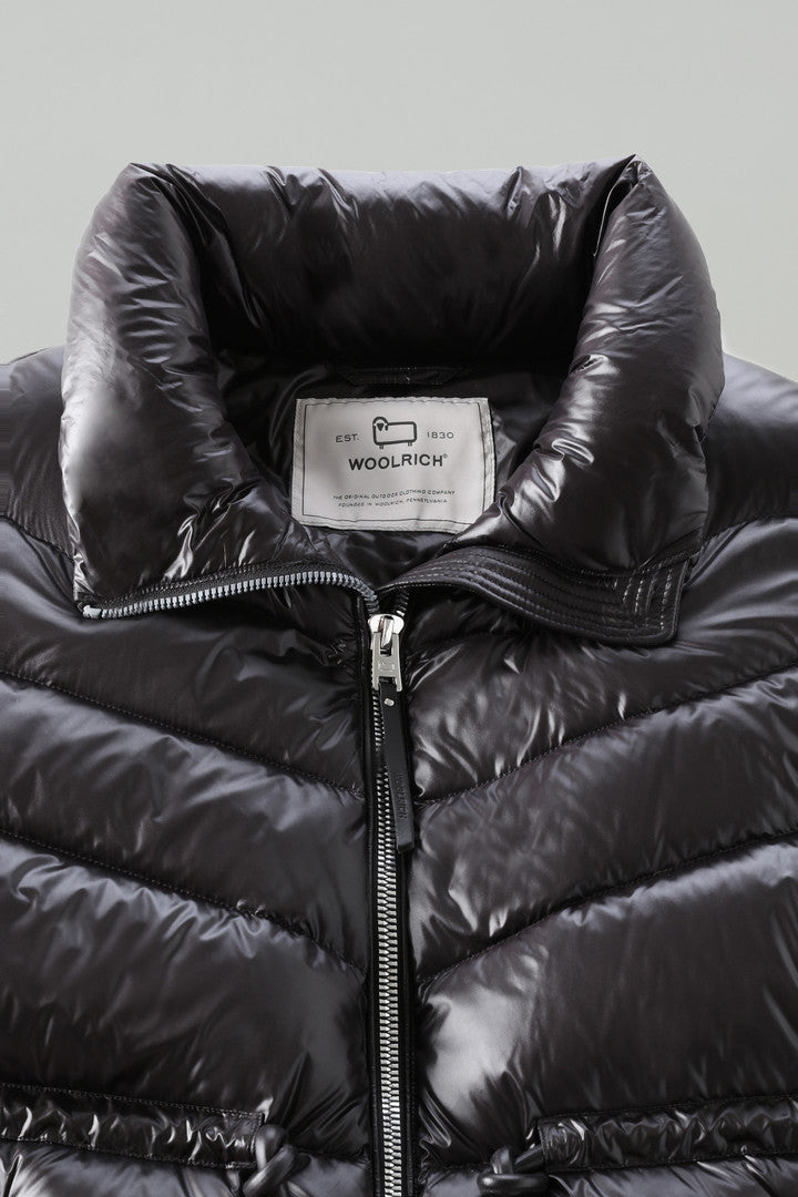 Aliquippa Down Jacket in Glossy Nylon with a Drawstring Waist (Black) - Detail View 1